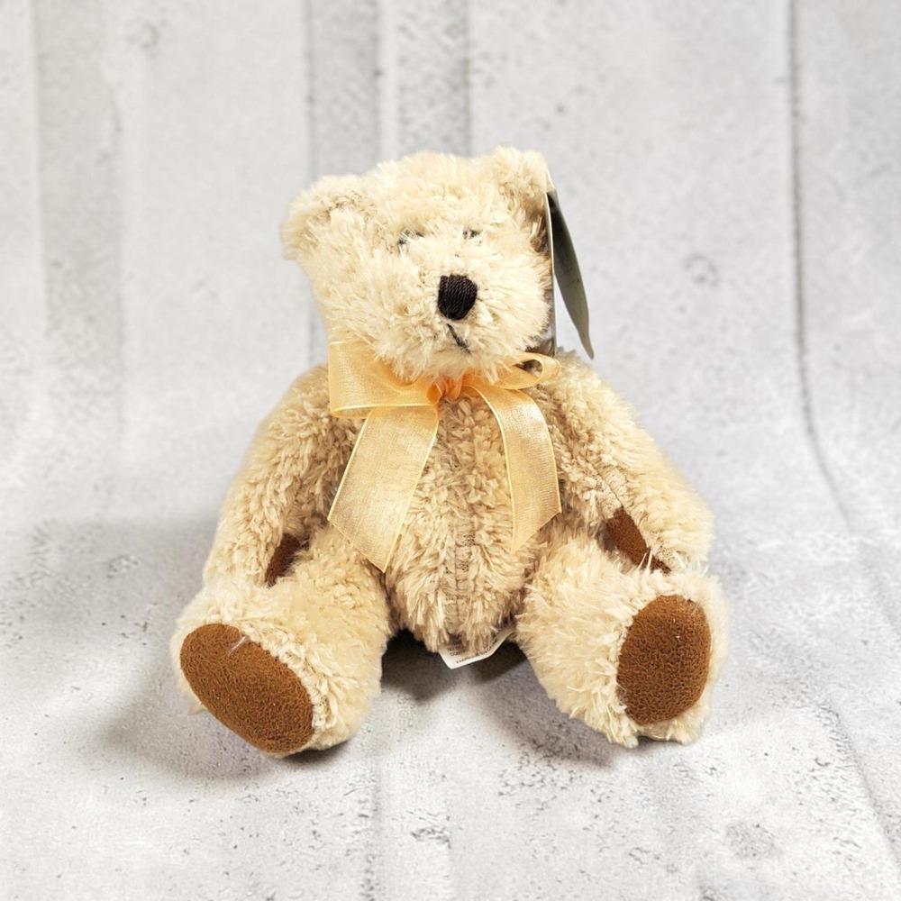 First & Main Scruffy Teddy Bear Tan Shaggy Plush Gold Ribbon 1742 6.5 inch